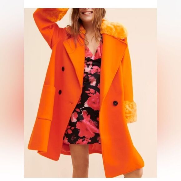 NWT Free People Roxy Wool Coat Fur Collar Trim Lined Oversized Orange Small - Picture 2 of 10